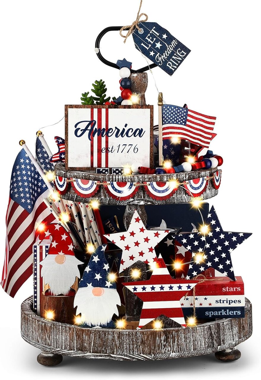 18 Pcs 4th of July Tiered Tray Decor Set – Rustic Patriotic Independence Day Decorations, Vintage Farmhouse Wooden Red White Blue Gnome Table Accents for Tiered Trays